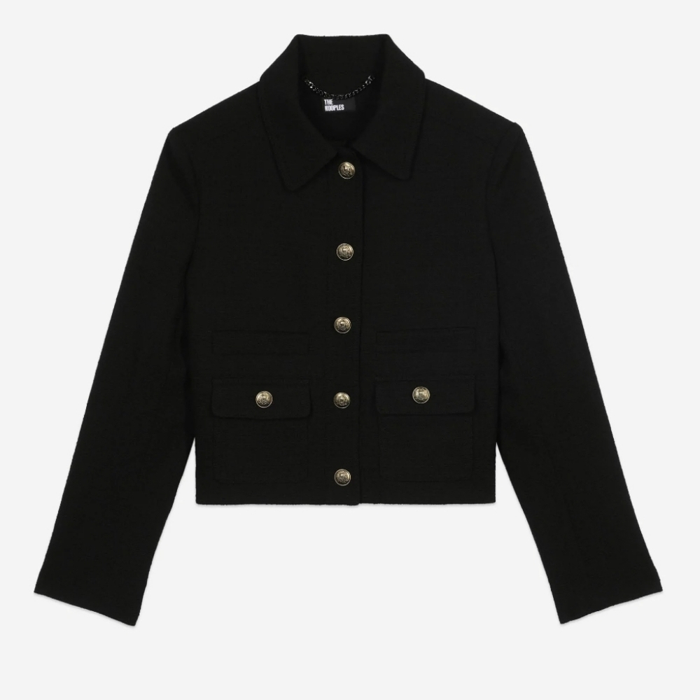 NWT THE Kooples Tweed Flap Pocket Wool Cropped Blazer Jacket Skull Buttons 38